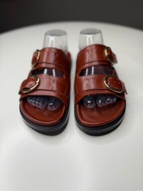 Sézane Lenny Low Mules Brown Leather Double Buckle Slide Sandals Minimalist
